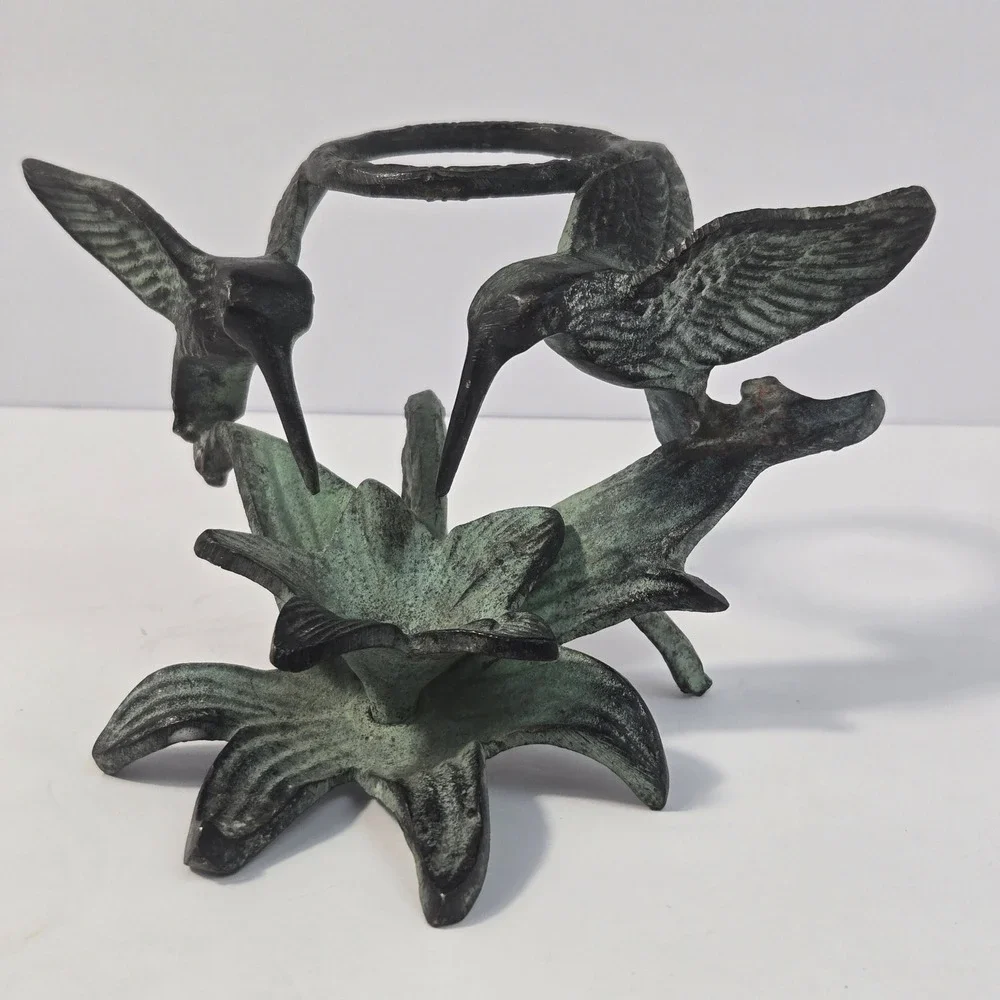 Vintage Verdigris Cast Metal Hummingbird Lily Flower Sculpture Candle Holder